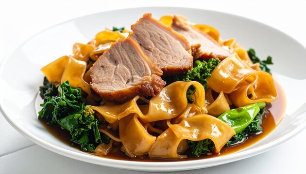 Stir-fried Wide Rice Noodles with Sliced Roasted Pork and Green Vegetables
