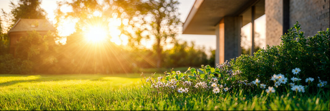 A serene garden with vibrant white flowers scattered across the green grass, illuminated by warm sunlight.