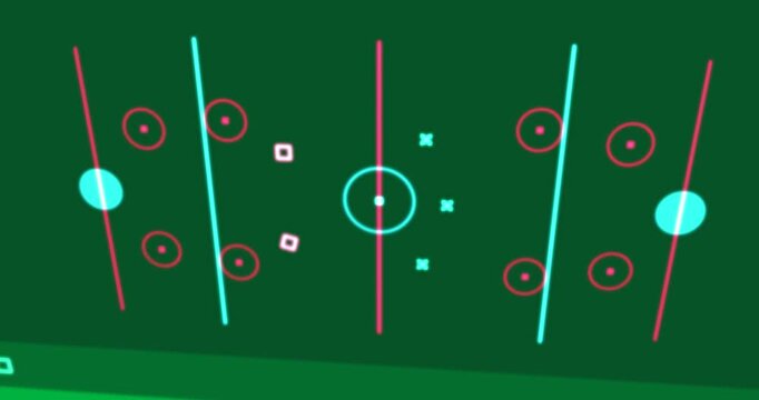 Neon HUD emerging from dark frame, sliding marks, forming dot-chain arrow for HUD on transparent bg