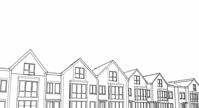 Sketch of terraced houses with pitched roofs, varied window designs, and clean lines