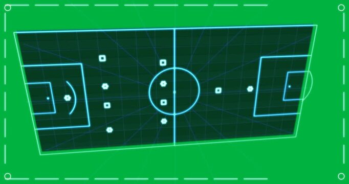 Neon pitch rising, line forming angled pass from center to goal analysis on transparent background