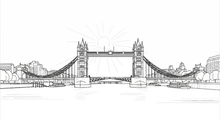 Black and white line drawing of a famous bridge spanning a river with buildings