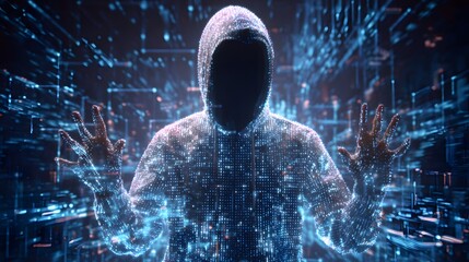 Digital Enigma: A hooded figure materializes within a glowing digital matrix, hands outstretched, symbolizing the mysteries of the virtual world and the ever-evolving realm of technology.