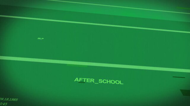 AFTER_SCHOOL label animating on transparent bg on play, sliding bar and flickering for retro look