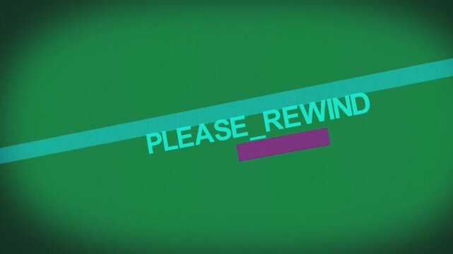 Magenta mark glowing, PLEASE_REWIND text tilting, bar sliding for rewind, transparent background
