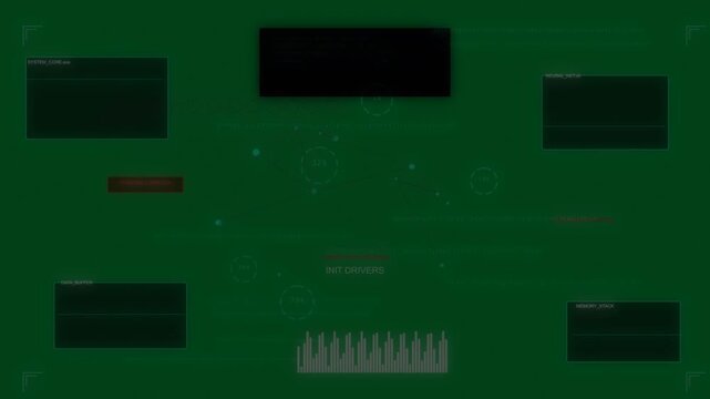 Boot HUD powering on, cycling labels, pulsing nodes, sweeping beam, showing readiness, transparent