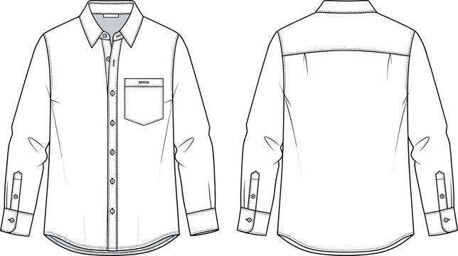 Mens long sleeve button down shirt fashion flat sketch technical drawing vector template front and back view blank outline mockup