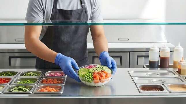 Chef Preparing Fresh Salad in Commercial Kitchen.