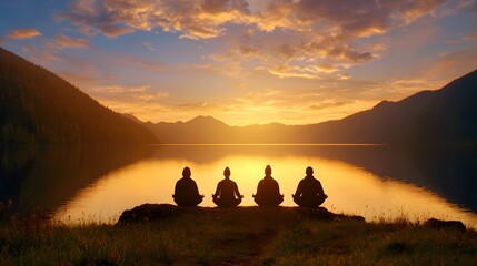 Serenity's Embrace: Silhouetted figures find peace and introspection while meditating by a tranquil lake under a vibrant sunset sky. Reflecting on inner harmony and the beauty of nature.