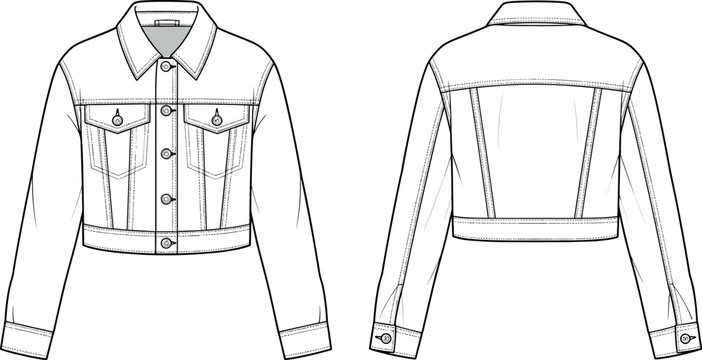 Vector flat sketch of a cropped womens denim jacket front and back view fashion technical drawing template for apparel design
