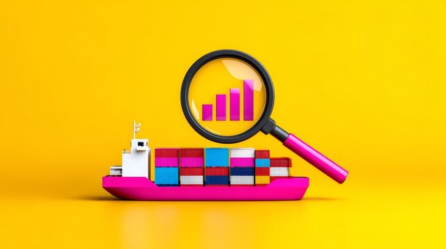Compliance Audit of Export Operations with Magnifying Glass Examining Cargo Manifest and Digital Charts on Clean Business Background - Flat Design Illustration