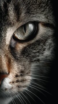 Extreme close up portrait showing grey striped cat looking forward intensely in dark.