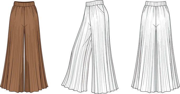 Women wide leg pleated palazzo pants fashion illustration vector flat sketch technical drawing set front and side view design template