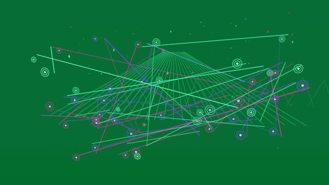 Teal wireframe being animated by neon lines appearing, forming dense lattice on transparent plane
