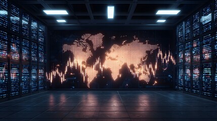 Global Network in Focus: An illuminated world map, symbolizing the interconnectedness of data and communication, dominates a server room, highlighting the core of global digital infrastructure.