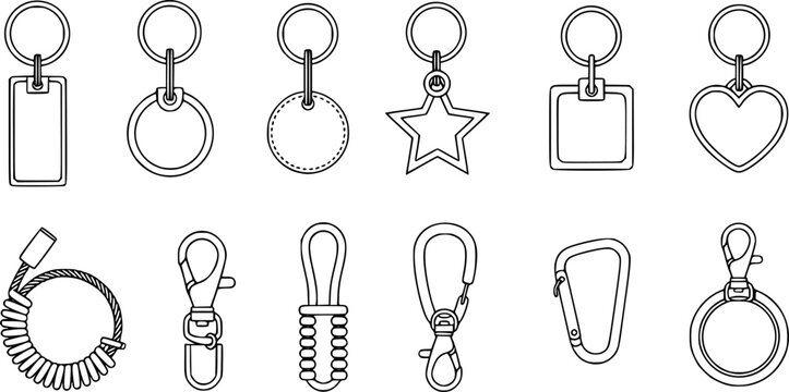 Blank keychain templates with snap-hook and ring, star and cloud shaped keyring outlines for branding design vector illustration.