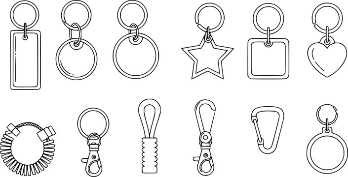 Blank keychain templates with snap-hook and ring, star and cloud shaped keyring outlines for branding design vector illustration.