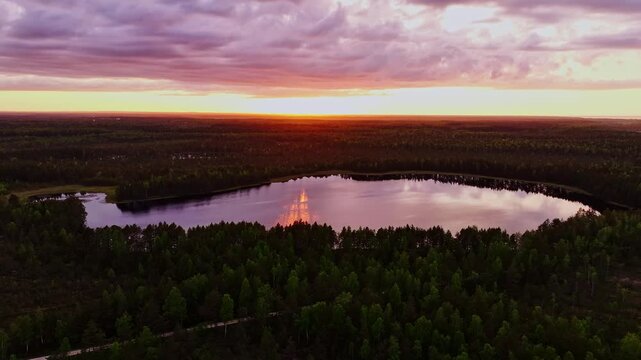 Peaceful sunset over Latvian bog lake surrounded by endless forest horizon