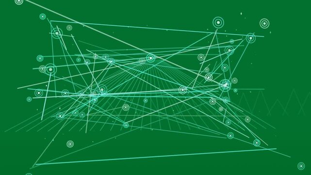 Grid emitting lines, rotating frame, popping markers, linking, showing data on transparent backdrop