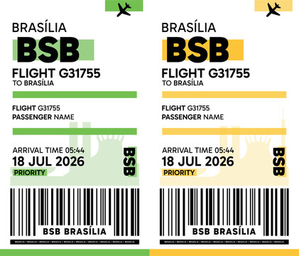 BSB, Brasilia, Brazil luggage label, boarding pass template. Vector minimalist illustration with airport code, city destination, flight info. Flat, modern image layout