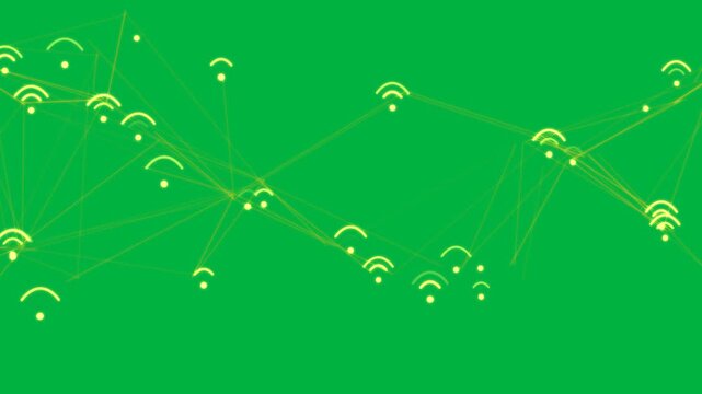 Yellow net sending left pulses links flexing dots clustering showing flow on transparent background