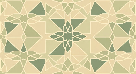 Fototapeta premium Geometric pattern featuring triangular shapes and floral design in shades of green on beige background from a 1 (2).jpg perspective