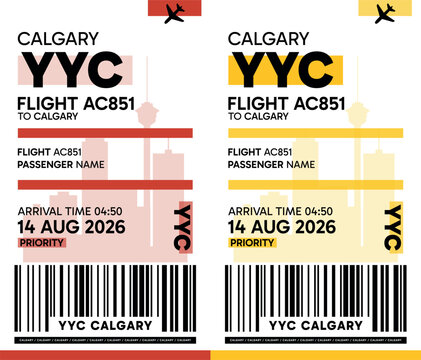 YYC, Calgary, Canada luggage label, boarding pass template. Vector minimalist illustration with airport code, city destination, flight info. Flat, modern image layout