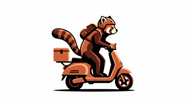 Charming red panda mascot character diligently delivering packages on a zippy retro-style scooter, embodying speed and reliability for modern courier and food delivery services