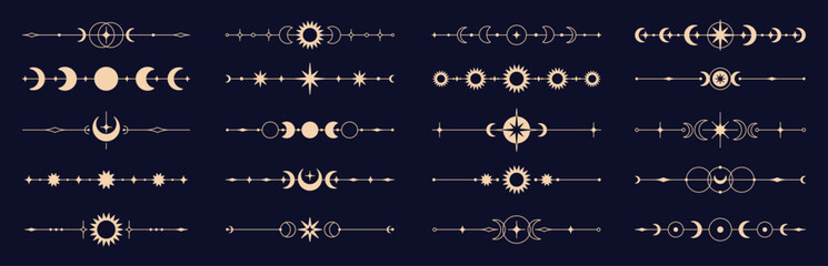 Celestial magic dividers. Decorative divider with stars, moon, crescent. Mystic ornamental elements, frames details. Gold borders for invitations, postcard design, racy vector set © LadadikArt