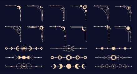 Obraz premium Celestial frames corners. Luxury divider and corner with mystic signs sun, stars, moon and crescent. Decoration for invitation, postcards, banners, racy vector clipart
