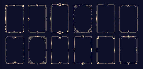 Naklejka premium Celestial golden frames. Stylish frame, mystic tarot cards, invitation template. Decorative ornament with lines, moon crescent, sun, stars, racy vector design