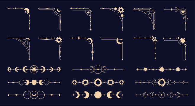 Celestial frames corners. Luxury divider and corner with mystic signs sun, stars, moon and crescent. Decoration for invitation, postcards, banners, racy vector clipart