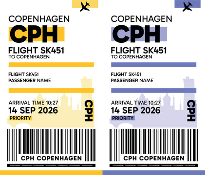 CPH, Copenhagen, Denmark luggage label, boarding pass template. Vector minimalist illustration with airport code, city destination, flight info. Flat, modern image layout