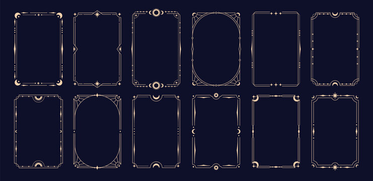 Celestial golden frames. Stylish frame, mystic tarot cards, invitation template. Decorative ornament with lines, moon crescent, sun, stars, racy vector design