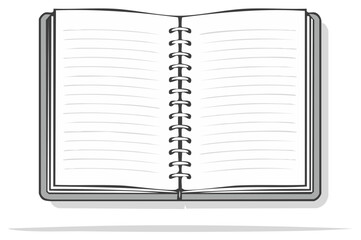 Open notebook with blank lined pages and wire bound spine. Vector illustration.