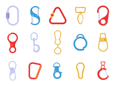 Cartoon carabines. Metal plastic carabiner clasp. Hooks for bags, backpacks, climbing rope. Protecting tools, climb hobby accessories, nowaday vector set