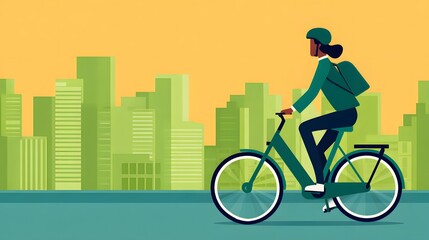 City Cycling Commute: An individual in professional attire navigates a city landscape on a bicycle, signifying a modern eco-conscious commute.