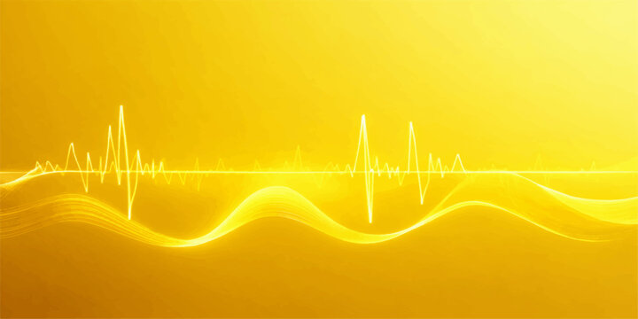 An abstract medical electrocardiogram monitor displays a glowing green pulse wave and blue heartbeat rate line on a graphic digital screen illustration