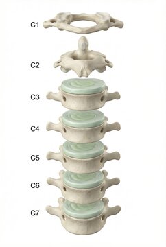 Exploded view of human cervical spine showing atlas axis and typical vertebrae with intervertebral discs realistic medical