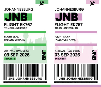 JNB, Johannesburg, South Africa luggage label, boarding pass template. Vector minimalist illustration with airport code, city destination, flight info. Flat, modern image layout