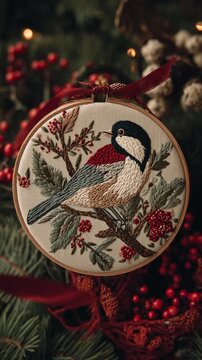 Beautiful handmade embroidery of a small bird on a branch sitting inside a round wooden hoop.