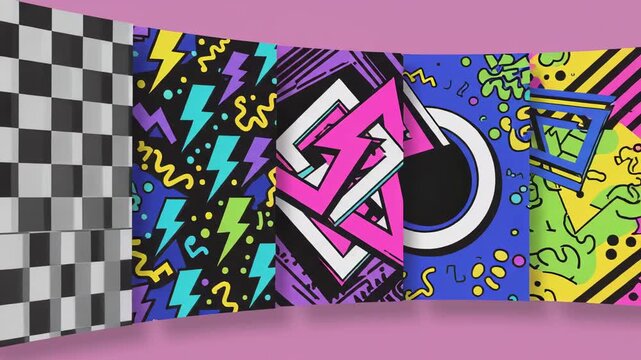 Vibrant Retro 90s Style Patterns with Checkerboard and Lightning Bolts, Ideal for Nostalgic Marketing or Event Promotions.