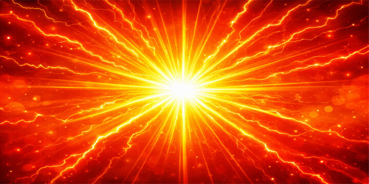 A bright explosion of red fire and orange light radiates energy like a glowing star, creating a powerful sun-like backdrop of hot flames and shining yellow rays in a warm motion texture design