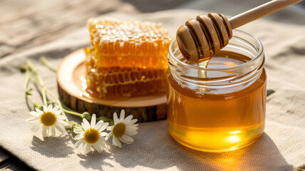Natural Honey with Honeycomb on Wooden Table