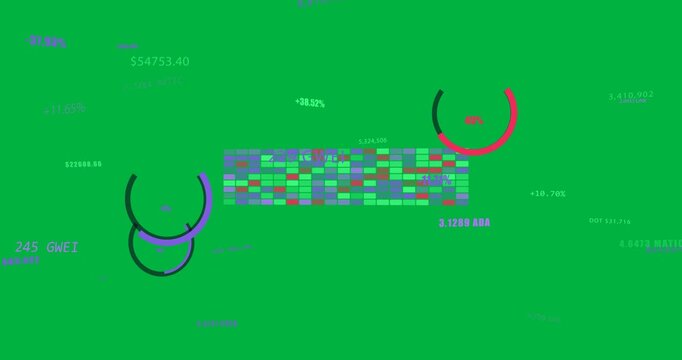 Crypto UI loading growing heatmap filling gauges adding labels showing prices on transparent bg