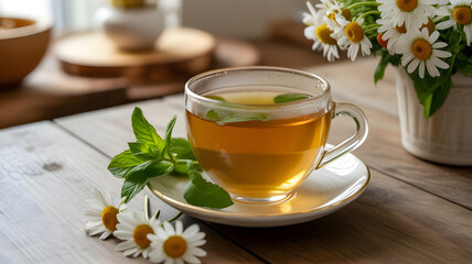 Herbal Tea Cup with Fresh Mint Leaves and Flowers