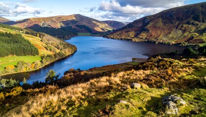 Fototapeta premium Scenic view of a serene lake surrounded by rolling hills and lush greenery under a cloudy sky.