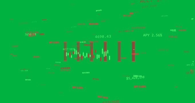 Red grid chart zooming via camera-zoom, candles and labels scaling to reveal metrics on clear bg