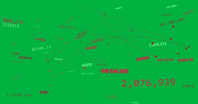 Camera panning right, 3D-crypto grid zooming tags, moving dots to show market shifts on transparent
