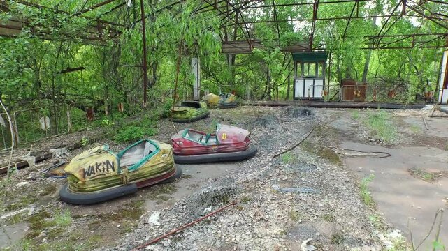 Overgrown foliage reclaims rusted bumper cars in an abandoned amusement park; a haunting scene of decay.